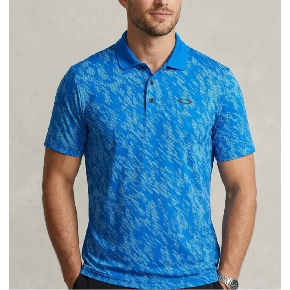 Oakley Mens Blue Geometric Print Performance Golf Polo Shirt Size S